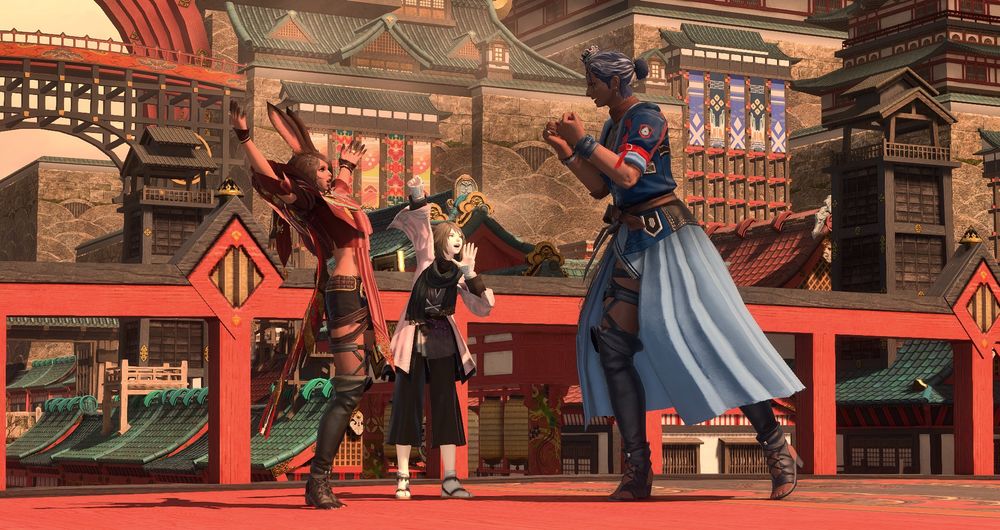 A screenshot from Final Fantasy XIV. A female Hellsguard Roegadyn, female Viera and female Miqo'te are standing on a bridge, each wearing a cheerful expression. 