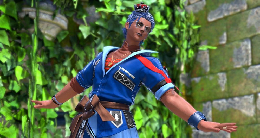 A Hellsguard Roegadyn woman from Final Fantasy XIV. She wears a short-sleeved blue coat with a turtleneck sweater underneath, sunglasses and a small crown. She has her arms extended to either side of her in a cutesy pose and is winking.