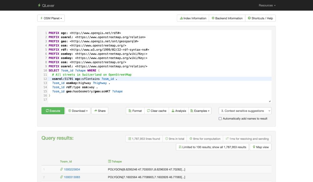 All streets in Switzerland, queried on the OpenStreetMap dataset vis SPARQL (~250 billion triples).