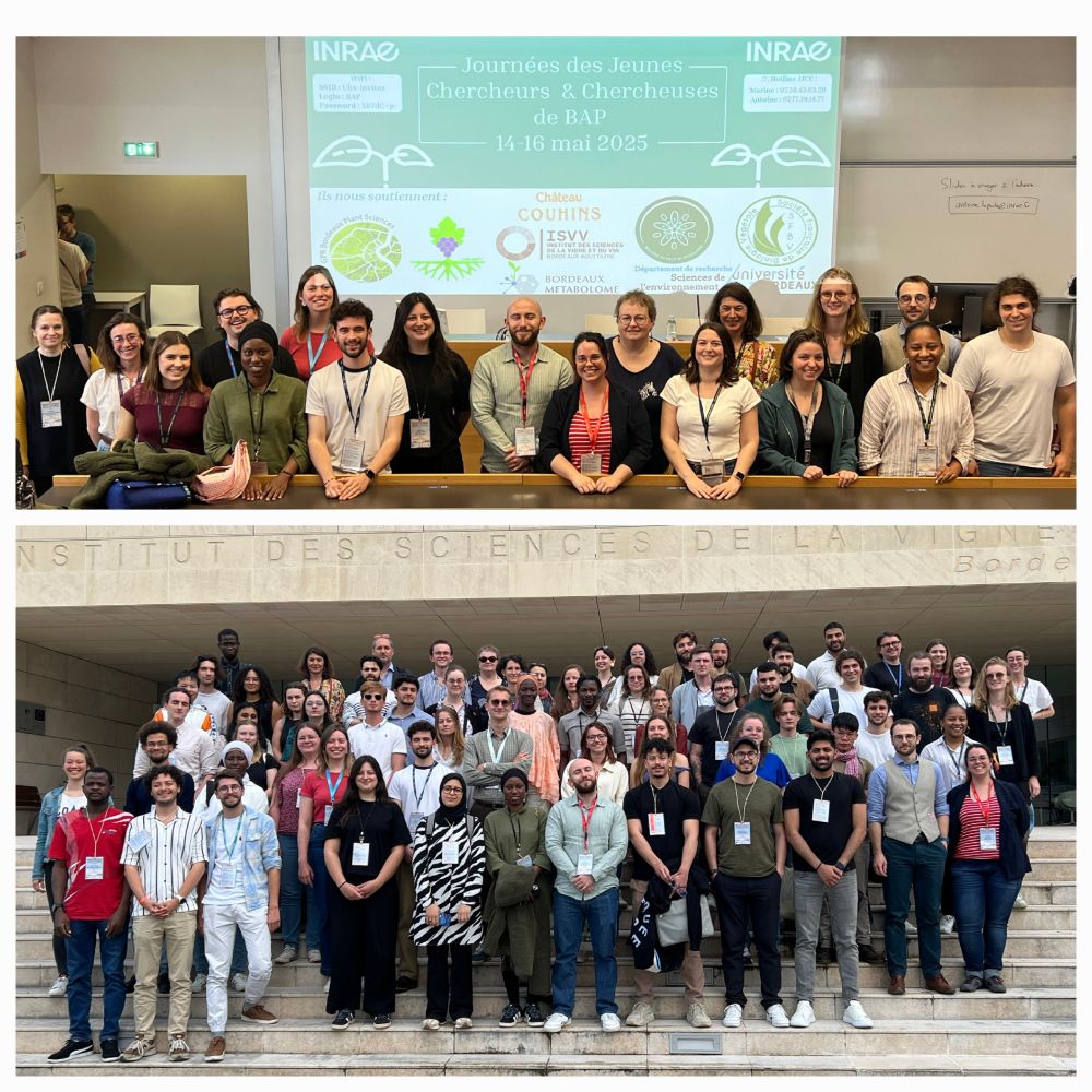 the picture above is the group of researchers, PhD students and postdocs who organized the conference. They are in the room where the conference was held and in the background there is a slide with the conference title.
The bottom picture is a group picture of all the participants standing in front of the Institute for Grape and Wine Sciences.