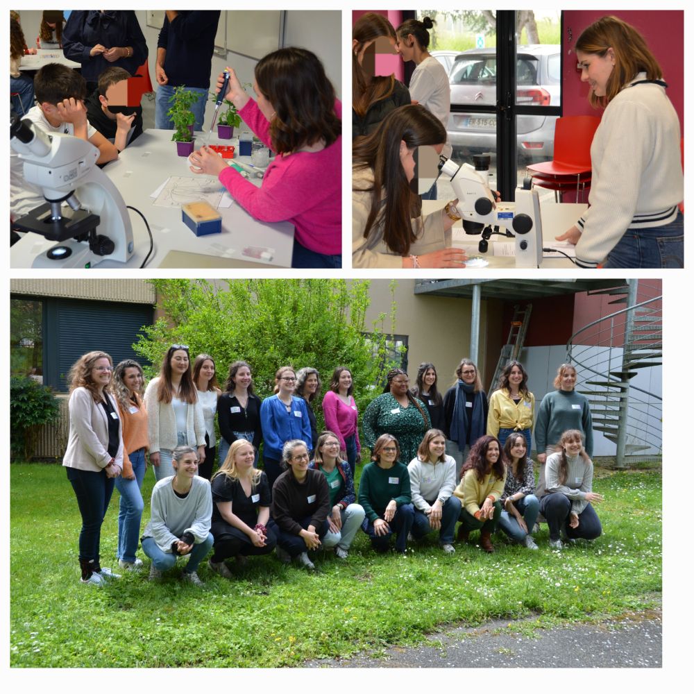 Top left picture: Emilia is pipeting something in a tube in front of 2 young students
Top right: Loé is standing in front of a young student looking into a microscope
Bottom: Group picture with the students
Pictures © Cap Sciences