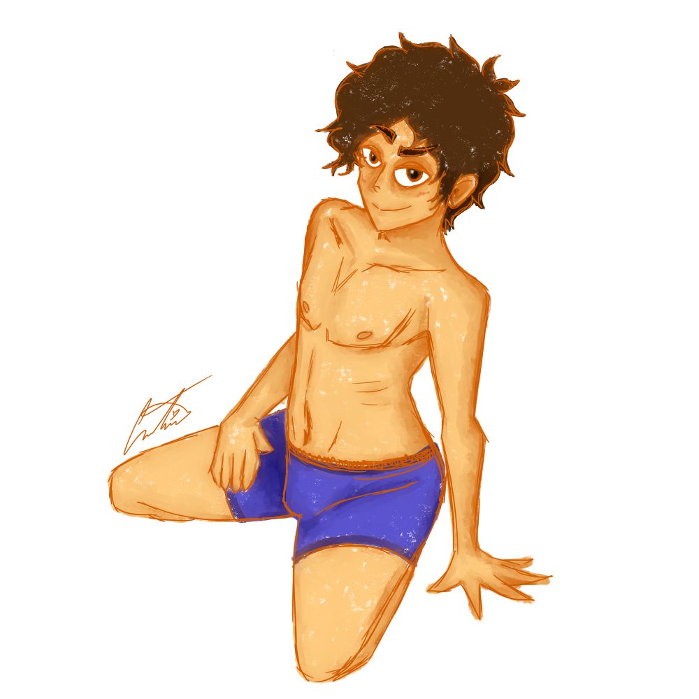 new oc of mine kneeling down. he has blue shorts, light tan skin and brown hair. this version also includes the lineart
