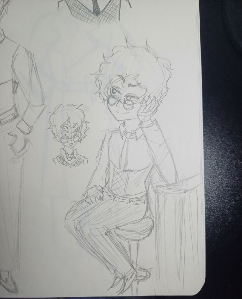 2nd new oc. He's smugly looking at something while sitted down at a bar stool. He's wearing a casual suit with a corset