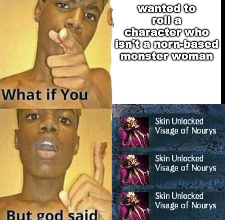 what if you wanted to roll a character who isn't a norn-based monster woman
but god said, "Here's a Visage of Nourys skin from a guaranteed wardrobe unlock"