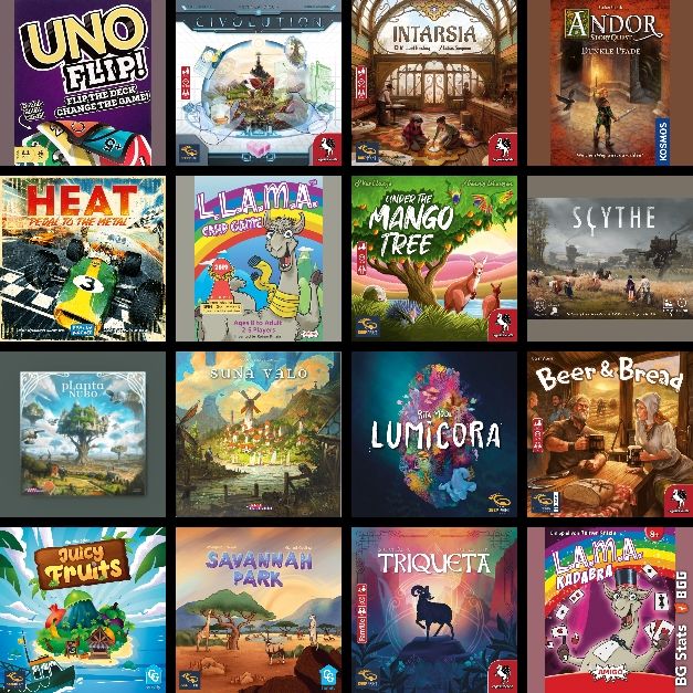 4x4-Raster, von links nach rechts und oben nach unten:

UNO Flip, Civolution, Intarsia, Andor StoryQuest, HEAT, L.A.M.A., Under the Mango Tree, Scythe, Planta Nubo, Suna Valo, Lumicora, Beer and Bread, Juicy Fruits, Savannah Park, Triqueta, L.A.M.A. Kadadbra