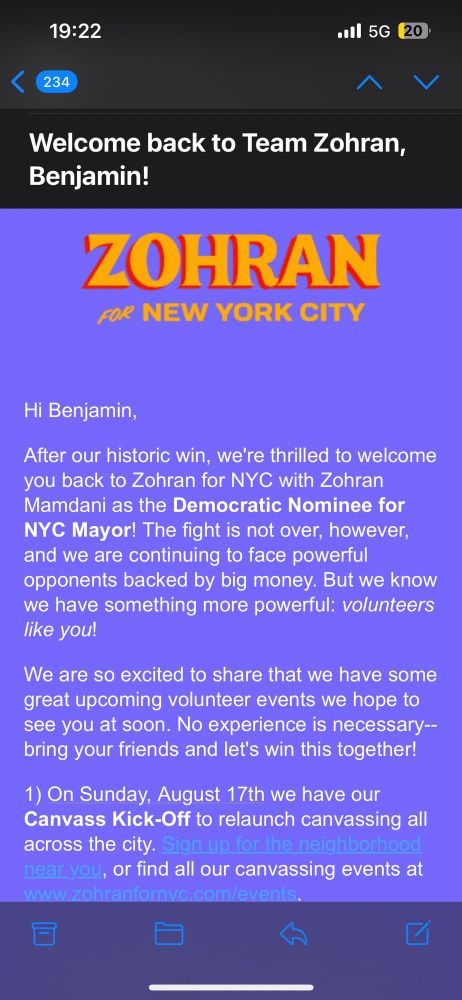 The specific text of the email doesn’t matter, but it’s an email from the Mamdani campaign with a very hard to read combination of colors: lavender background and white tape, with links in a blue that is far too close to the background color.