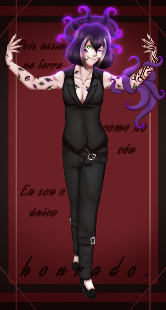 Commission para uma amiga!! Um personagem com os braços estendidos para os lados em um fundo de tons de vermelho, com a frase “Pois assim na terra como no céu, eu sou o único honrado.”  A figura possui diversos olhos por seu corpo, tentáculos de cor roxa percorrendo em um dos braços, enquanto uma auréola da mesma cor com tentáculos menores paira sobre sua cabeça, com um olhar confiante.