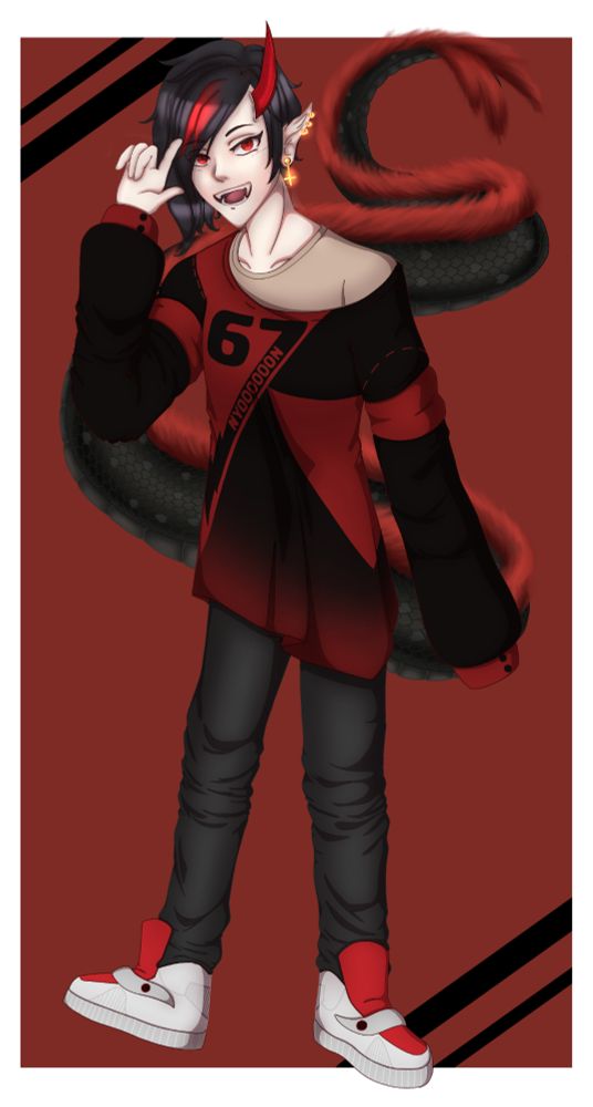 Commission para um(a/e) amigo(a/e)!! Uma figura em um fundo sendo um quadrado vermelho com listras laterais pretas. A figura fazendo pose tem uma cauda de dragão longa preta e vermelha, e usa uma camisa enorme com estampa do Relâmpago Marquinhos (katiau).