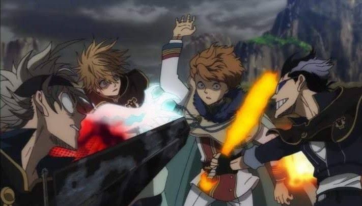 Asta, luck e magna (do anime black clover) atacando landris. Asta está com uma espada negra pesada, luck com monopolas de raio e magna com taco de baseball de fogo.