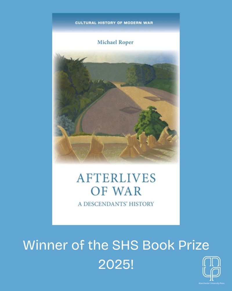 The cover for 'Afterlives of war: A descendants' history' shows on a blue background with 'Winner of the SHS Book Prize 2025!' underneath in white text.
