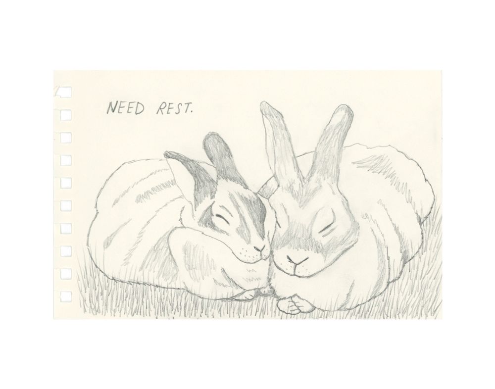 Pencil drawing of two sleeping rabbits cuddled together, with the words “need rest.”