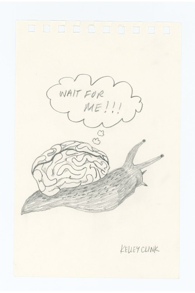 A pencil drawing of a snail with a brain on its back instead of a shell. The brain is thinking, “wait for me!!!”