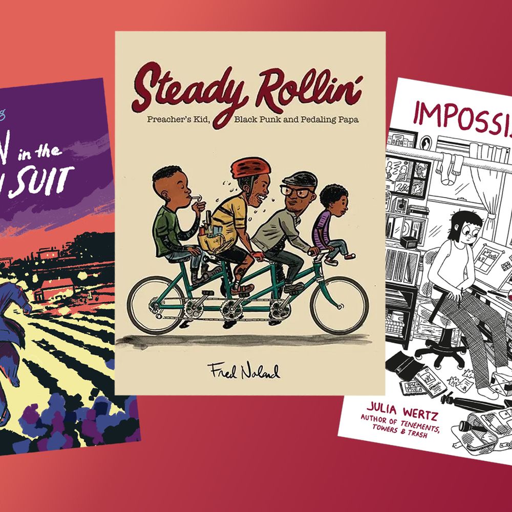 Three book covers on a red gradient background: Man in the MacIntosh Suit, Steady Rollin' and Impossible People.