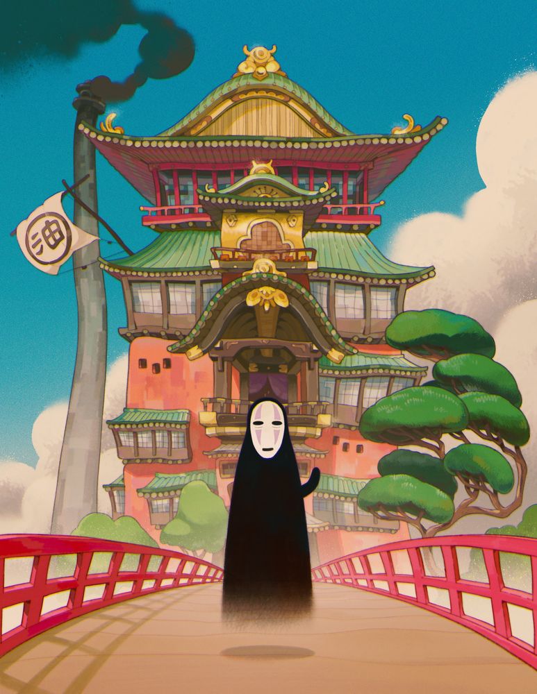 spirited away fanart. view of the bathhouse from the movie with no face on the bridge looking at the viewer, waving. The rendering is painterly and the linework is a bit wonky. It’s daytime 