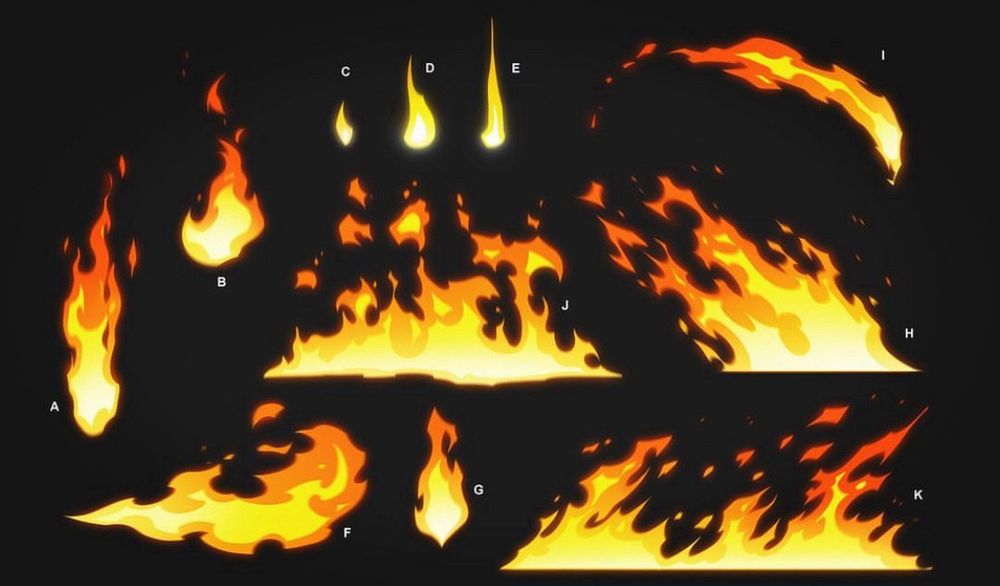Fire fx designs for “Velma”. There are multiple poses of fire. (Production art)