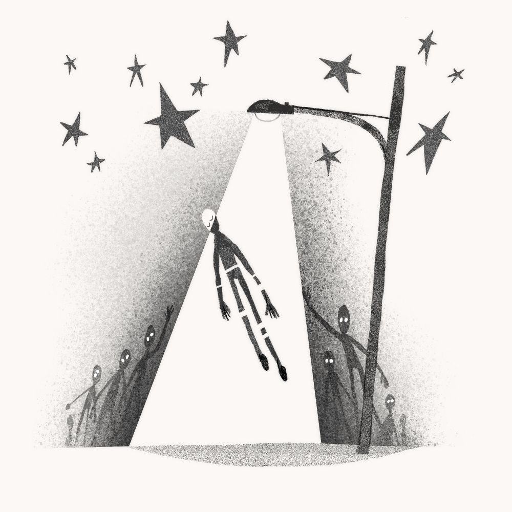 Black and white illustration of a streetlight. In the light, it looks like a person is getting abducted by the light, but they are slightly dismembered. There are shadowy figures behind the streetlight reaching out. There are stars in the sky. 