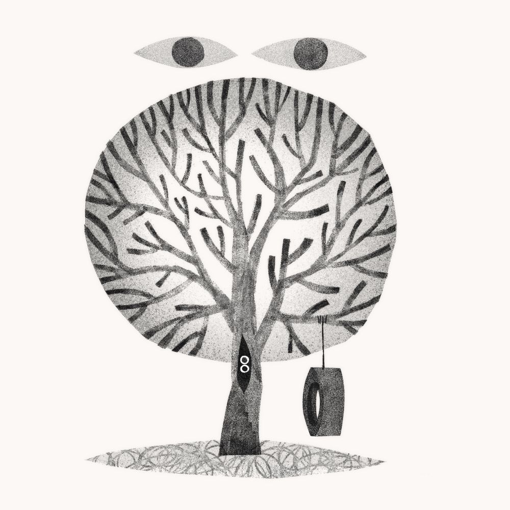 Black and white illustration of a tree with many branches and a circular shape indicating leaves around it. There are two eyes staring back from the hole in the tree. There’s a tire swing. There are also two big almond shaped eyes in the sky looking back at the viewer 