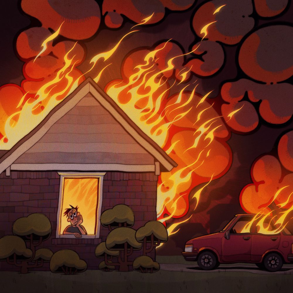 Suburban house on fire with smoke billowing out. The car next to the house is also on fire. In the bottom left third there is a window with a man leaning on the window sill, looking exhausted and despondent. He does not give a shit about the house on fire. He’s tired, boss. 