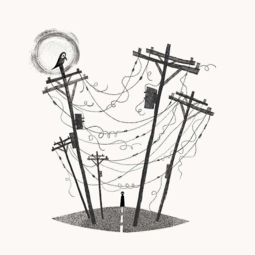 black and white illustration of a bunch of stylized telephone poles and wires interlacing and jumbled together. There’s a crow framed by the sun on the top left hand pole and on the street below there’s a figure staring at the viewer 
