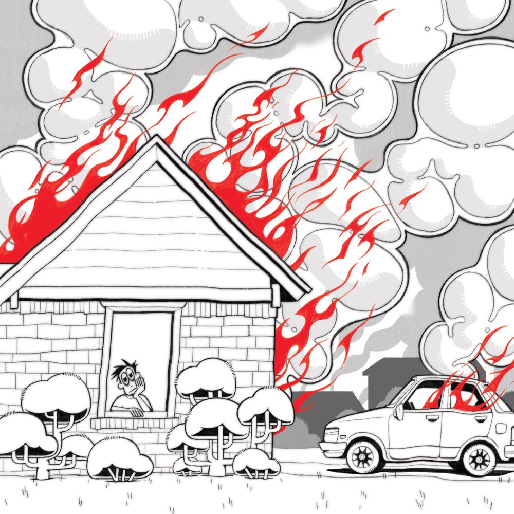 Lines isolated from the illustration. The fire is red but the rest is in grayscale 