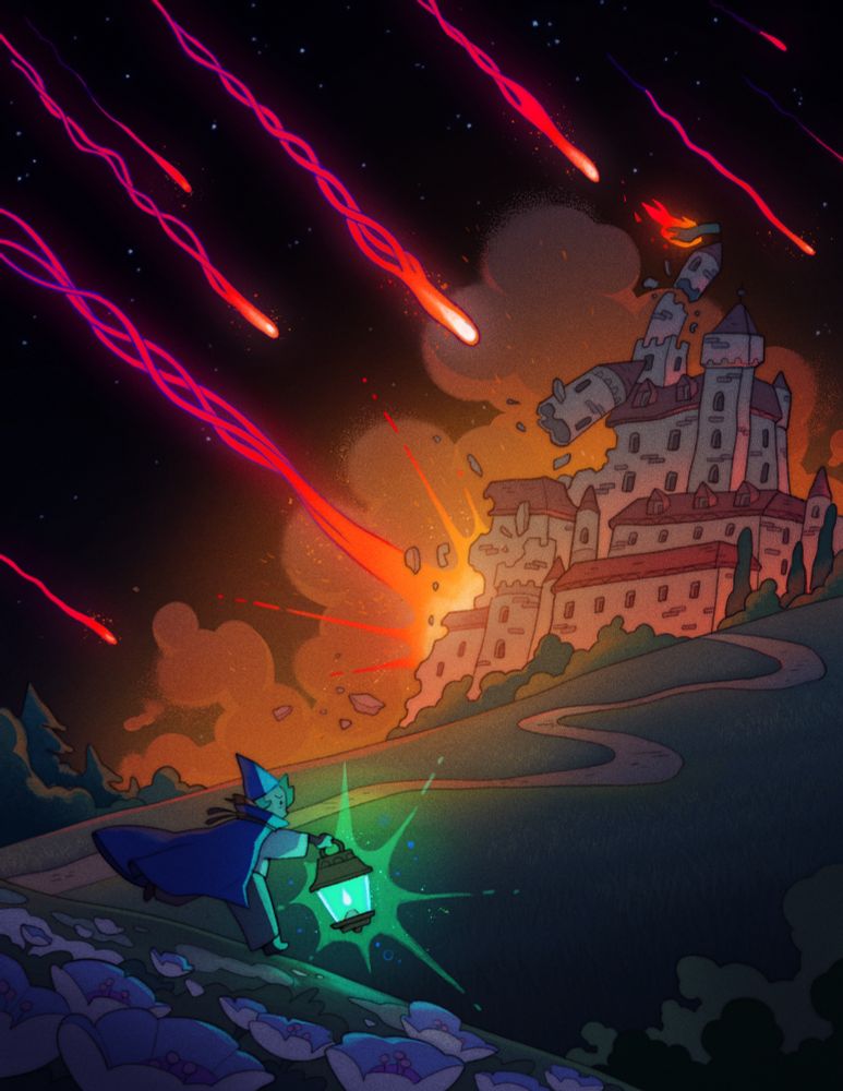 Glowing red meteor-like projectiles destroy a castle in the background as a wizard looking character in a blue robe in the foreground carries a lantern with a green glow. There are flowers in the foreground as well. 