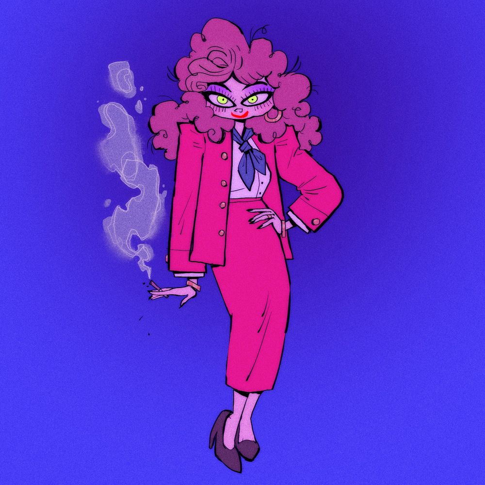 Quick character design of an 80s business lady with a cigarette in her hand. Her outfit is pink, her eyes are green, and the background is blue. She is giving a cheeky, seductive look to the viewer.