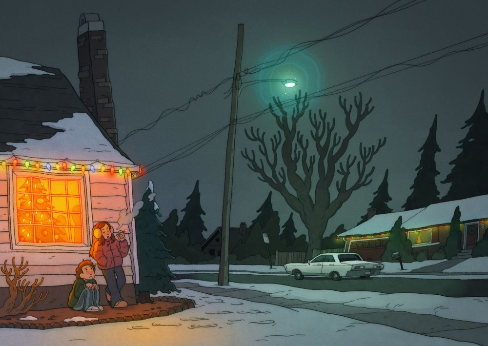Illustration of a suburban winter scene. Two kids are outside, leaning against their house in the cold, one of them is smoking. The window on the house indicates a party or gathering of sorts inside, with a glowing Christmas tree on display. 