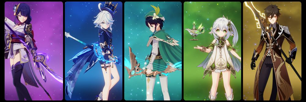 Raiden Ei, Furina, Venti, Nahida y Zhongli con sus respectivas armas de Baal, Foçalors, Barbatos, Buer y Morax.