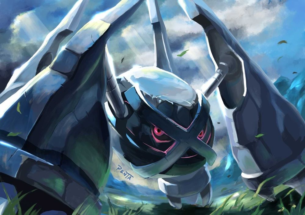 An illustration of an intimidating-looking Metagross by the artist Penta