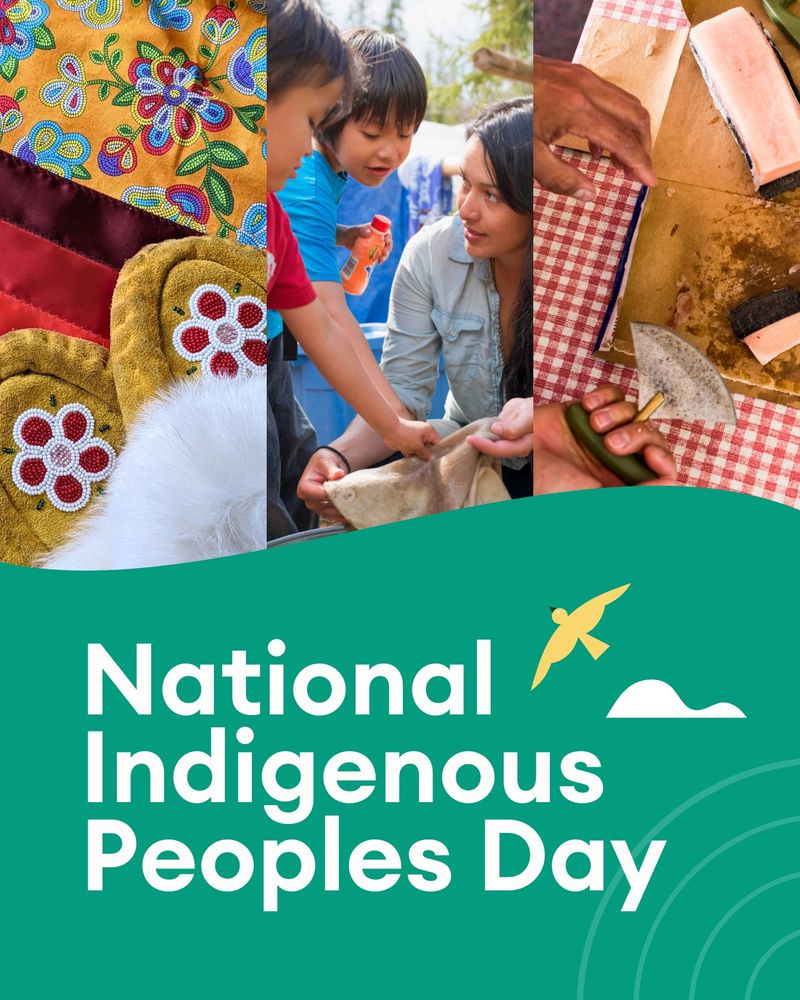 A graphic for National Indigenous Peoples Day. Above the words, there are three images. The first has a ribbon skirt and moccasins; the second, a woman showing children a hide; the third, a person using an ulu to cut meat.
