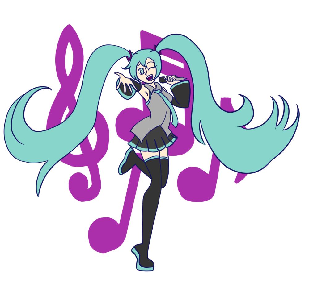 A picture of Hatsune Miku posing with a microphone. She is standing on her toes on one foot with the other held up. Her pigtails and tie are billowing out