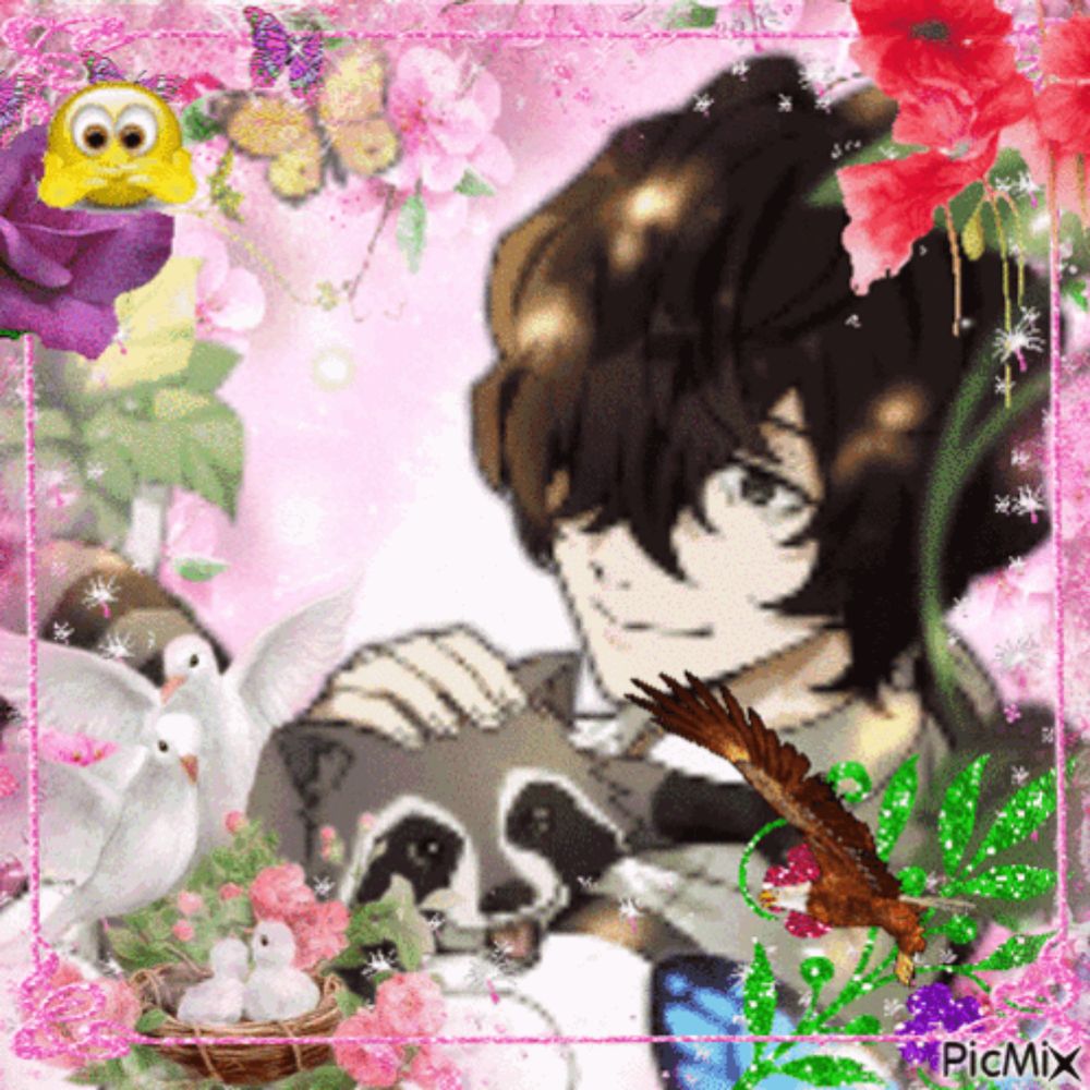 a picture of a boy surrounded by flowers and birds with picmix written in the corner