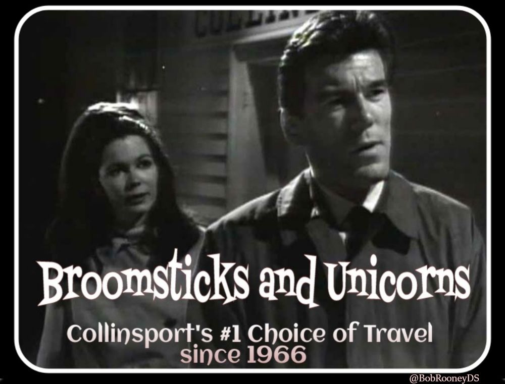 Screenshot from the show Dark Shadows, showing the character Burke Devlin talking to Victoria Winters. The caption reads Broomsticks and Unicorns, Collinsport's #1 Choice of Travel since 1966
