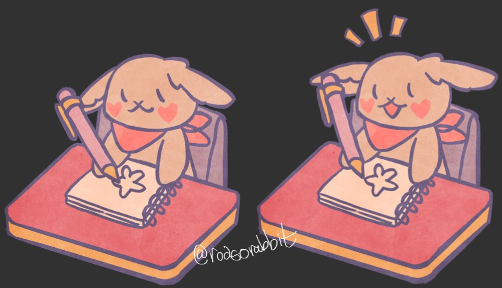 Two drawings of a cartoon rabbit at a desk with mouth open and closed.