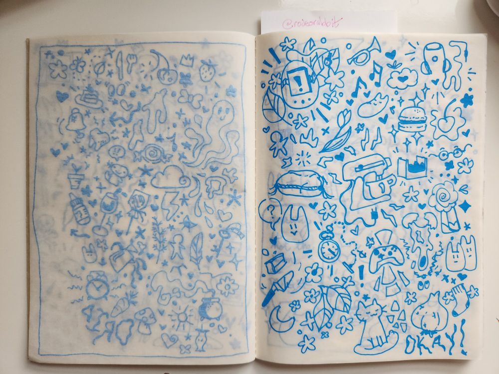 Photo of a sketchbook filled with gel pen doodles.