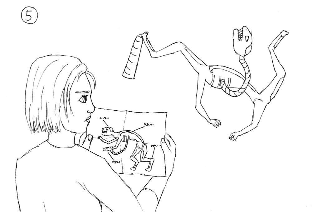 Natla looks with concern at an Atlantean mutant that has all its limbs all switched around. In her hands there is a sheet of paper with a picture of how the mutant should look.