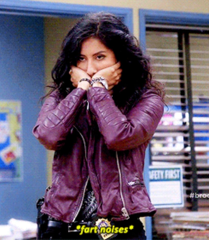 Detective Rosa Diaz making fart noises with her mouth and hands
