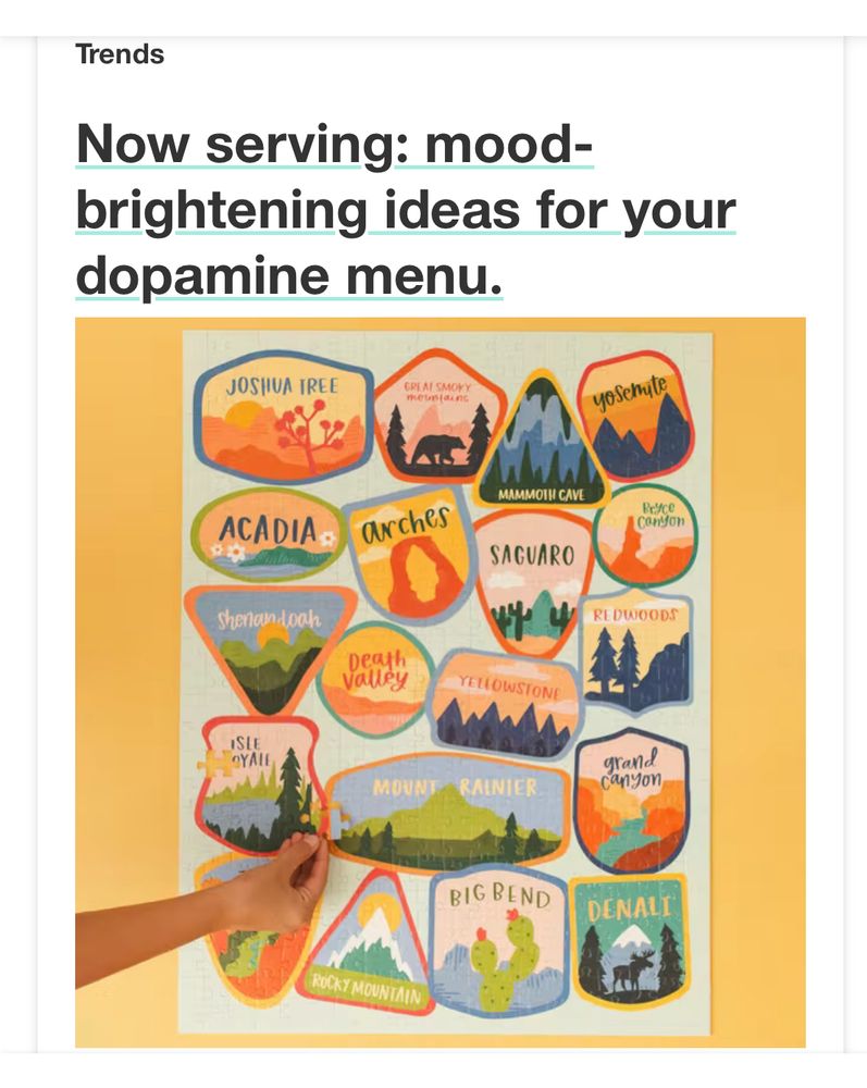 Image reads: 
Trends, Now serving: mood-brightening ideas for your dopamine menu 