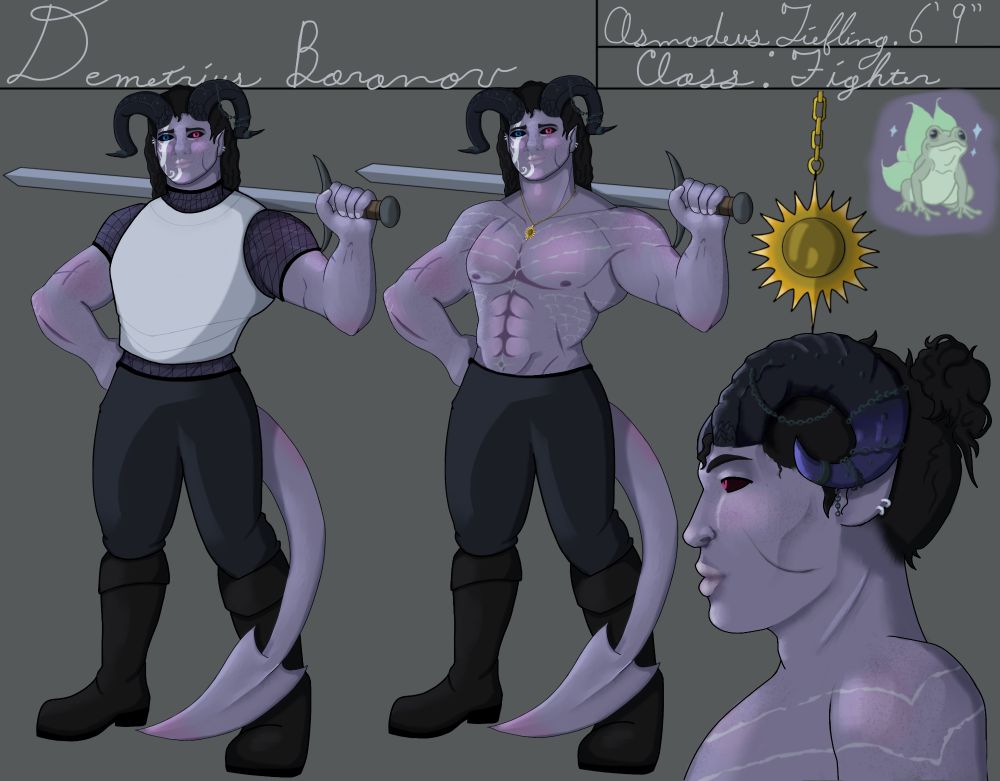 Digital art of a character reference sheet of a pastel lavender tiefling, Demetrius Baranov. The text above him says his full name, along with "Asmodeus tiefling. 6'9". Class: Fighter." On the sheet are personal items: a sun pendant, and a frog with wings tattoo. The two poses are identical, but one is Demetrius in his night clothes, a pair of pants and boots only, his scarred chest only holding that same small sun pendant. The other, on the far left, is him in armor: a chestplate and short sleeves fishnet undershirt. He wears the same pants and boots. He has long black hair, curled horns, and heterochromatic eyes (one blue one pink)
