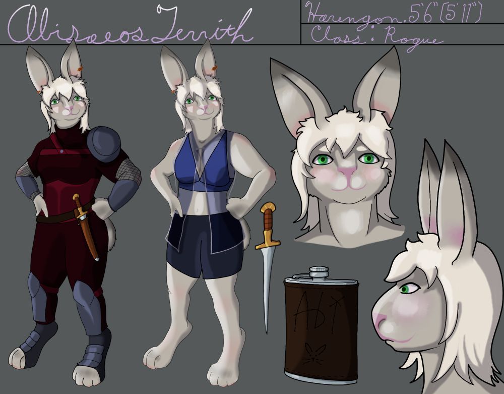 Digital art of a rabbitfolk, Abi, in daily armor and her night clothes. Daily armor consists of shin guards, bracers, a pauldron, and a crimson corset overtop of a dark red jumpsuit with a brown belt, golden hilted dagger hanging down from it. The night clothes show a sort of sports bra in blue and deep blue-gray boxers under a sheer shawl tinting everything slightly darker. The rabbitfolk herself has a copper earring in her left (our right) ear, bright green eyes, and a small pink rabbit nose. Within the picture is her flask with the word “Abi” carved in, and a close up of her dagger, unsheathed. The text at the top says: "Abisaeos Territh. Harengon. 5'6" (5'11"). Class: Rogue.”