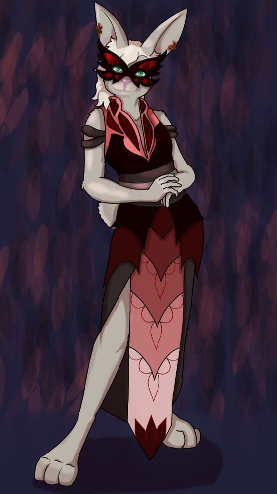 Abi the harengon dressed in a sheer, red pallette dress with a butterfly masquerade mask. The dress has a slit up both legs and a sort of corset build, showing of Abi's frame. The background is a deep purple-blue with faded red markings that are the same as the pallette