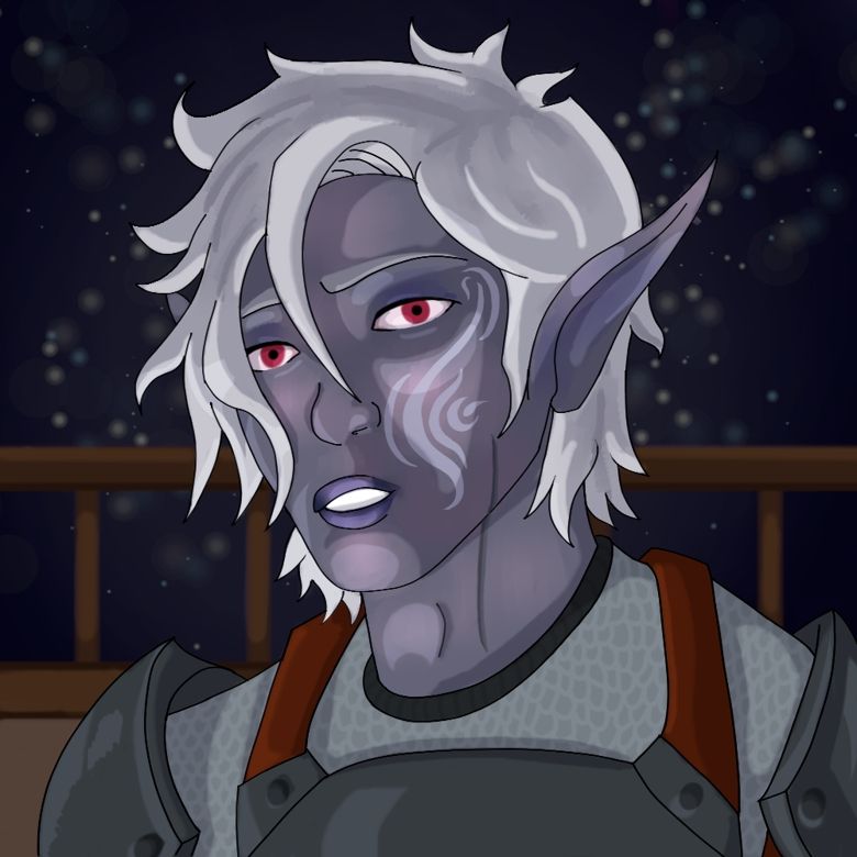 A digital portrait of a drow, Esprit, on the deck of a ship at night, starry sky behind him. He wears a chain shirt under plate armor and has a white tattoo that swirls from his left eye (our right) to near a scar on his chin/neck. He had dusty purple-gray skin, bright red eyes, and white hair.