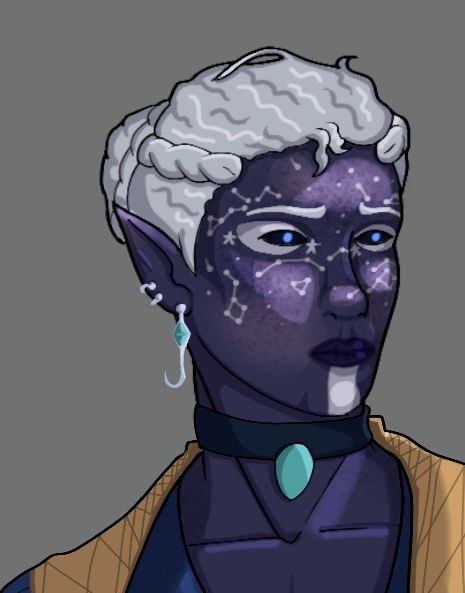 A close up of Ezykyil, a white haired astral elf with star tattoos, blue eyes, and freckles.