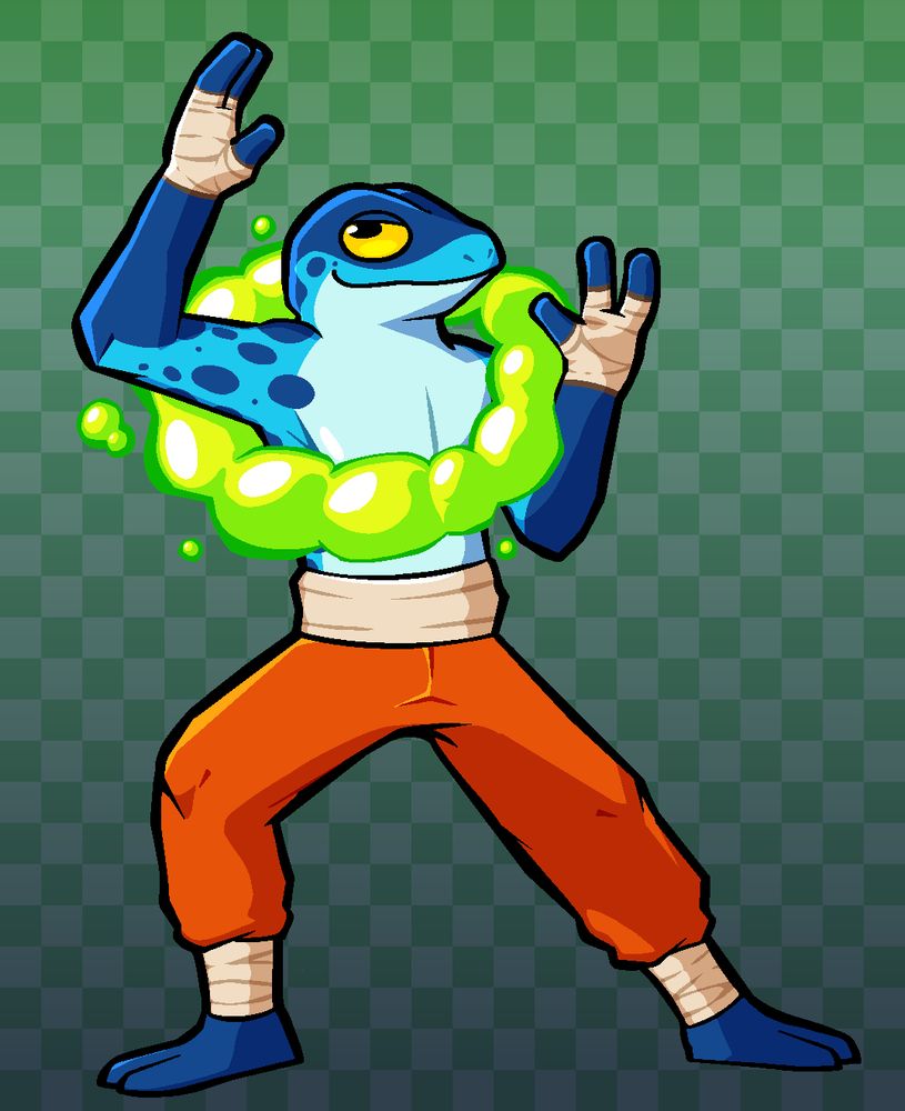 Digital artwork of Ranno from Rivals of Aether, striking a battle-ready pose