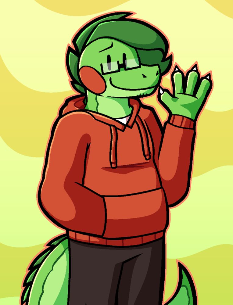 Digital drawing of an anthro green lizard with a red hoodie, smiling and waving at the viewer