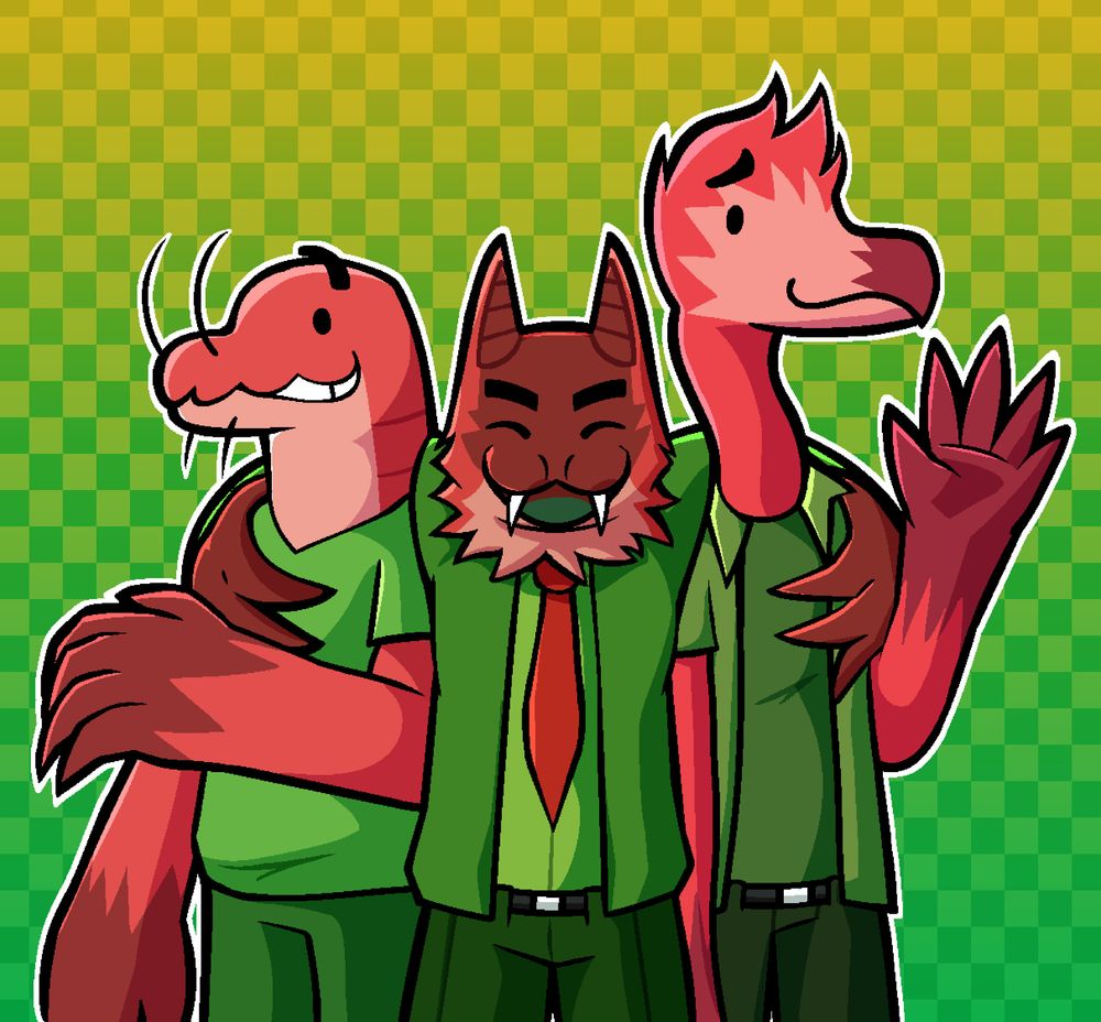 Digital art of three anthro animals: A Lobster, Bat and Flamingo, all with a similar look and all wearing green clothes. The bat has their mouth open and arms around the other two, who are both smiling to the viewer.