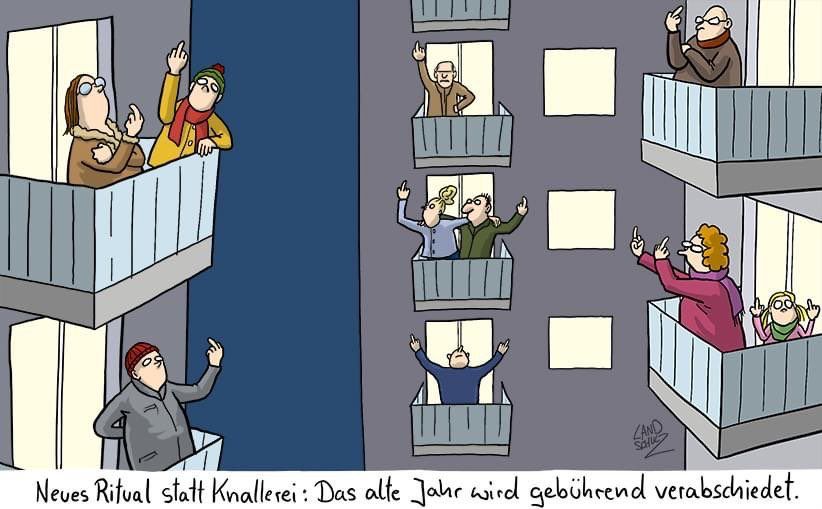 In Hochhäusern stehen Bewohner auf den Balkonen, die ihre Mittelfinger in die Luft halten, um das alte Jahr zu verabschieden.