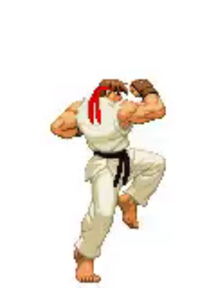 a pixel art illustration of a man in a karate uniform jumping in the air .