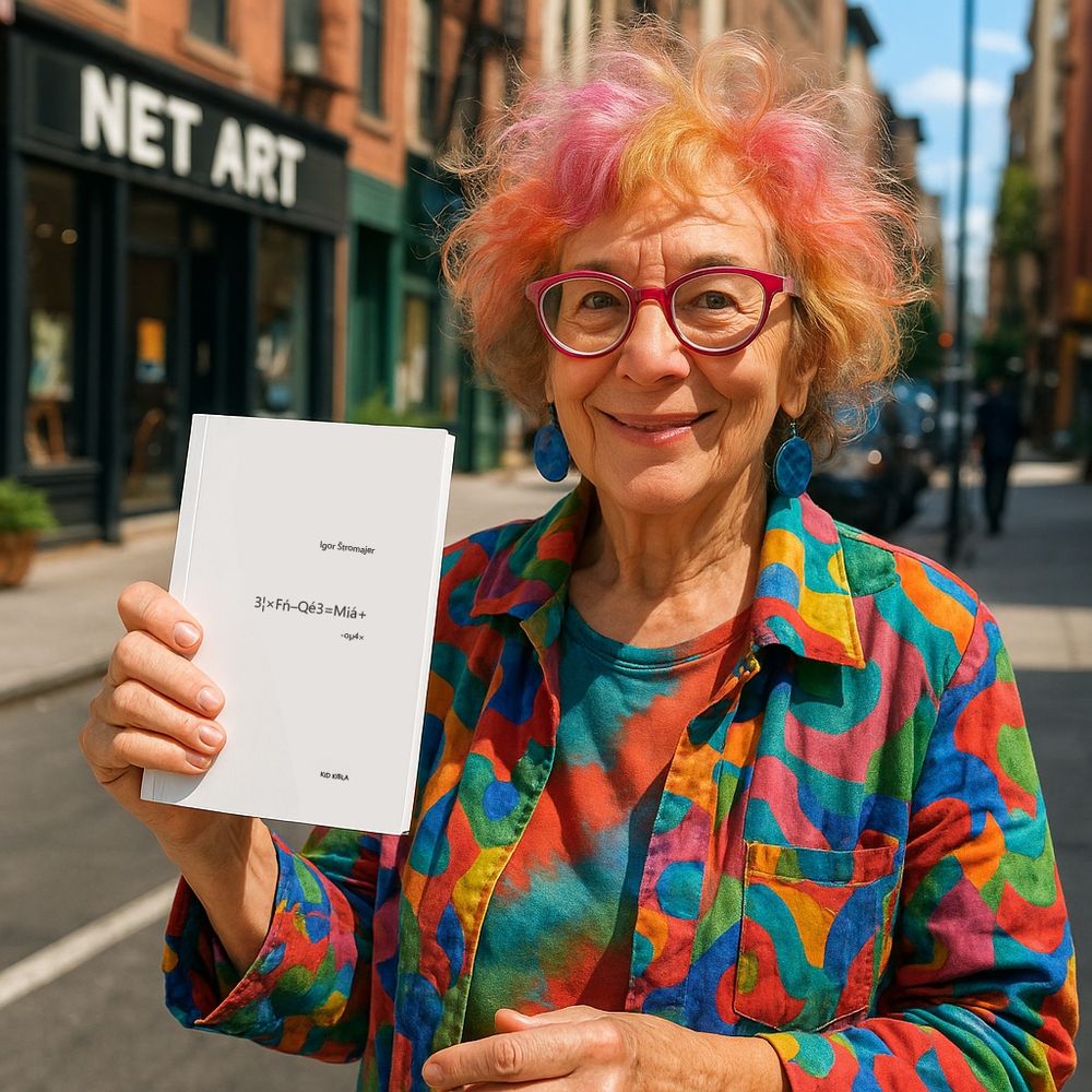 A cheerful older woman with curly, shoulder-length hair dyed in shades of blonde, pink, and orange stands smiling on a sunny city street. She wears large red-framed glasses, round blue earrings, and a colorful shirt with a bold, abstract pattern in red, orange, green, blue, and yellow. She holds up a minimalist white book with both hands. The book cover reads: Igor Štromajer, 3¦×Fń–Qé3=Mià+, -oμ4×, KID KIBLA. Behind her, a brick building has a storefront with large white letters reading NET ART. The overall scene is vibrant and urban, with warm daylight, blurred pedestrians in the background, and a creative, bohemian vibe.