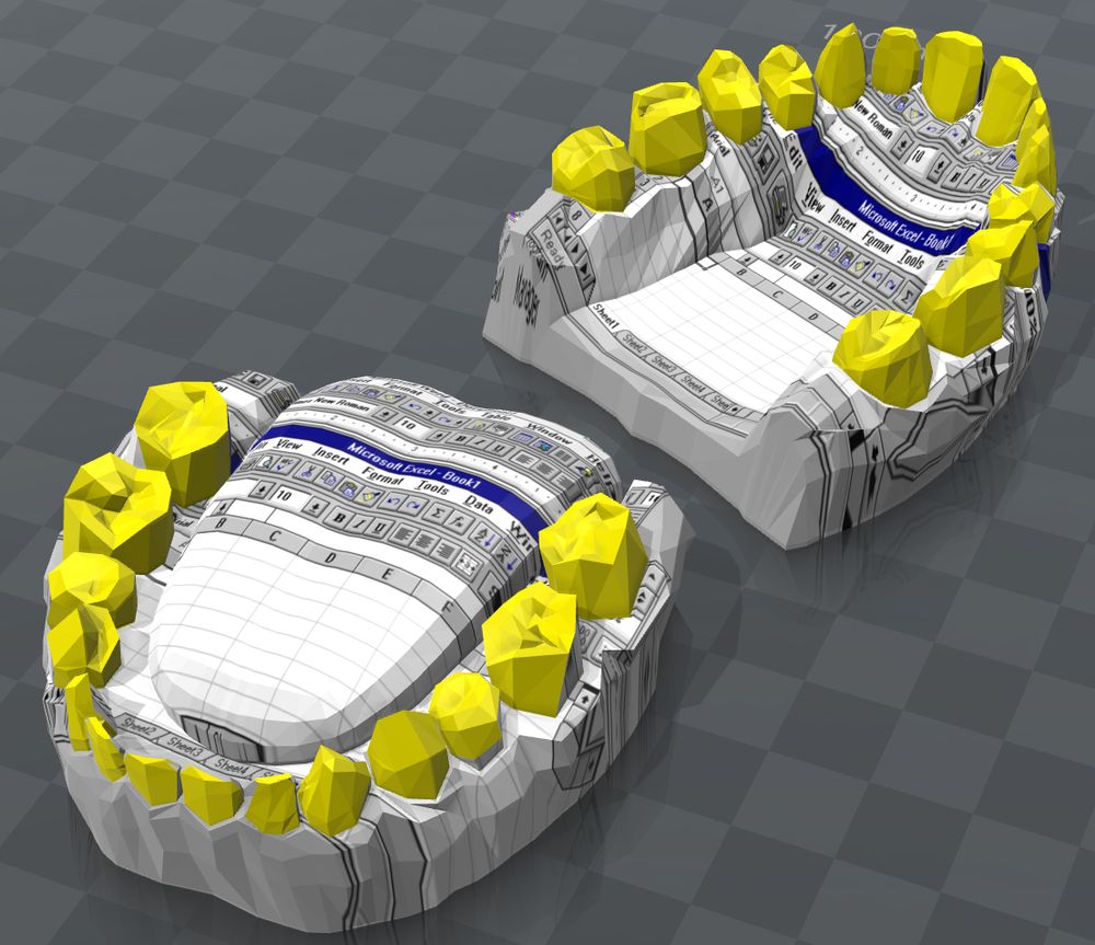 A 3D digital model of upper and lower human dental arches. The teeth are bright yellow geometric blocks, and the gums and palate are covered in a texture made of a classic Microsoft Excel interface. Toolbar buttons, menus, and spreadsheet cells wrap across the gum surfaces. The shapes are angular and stylized, giving the impression of a computer-themed dental model.